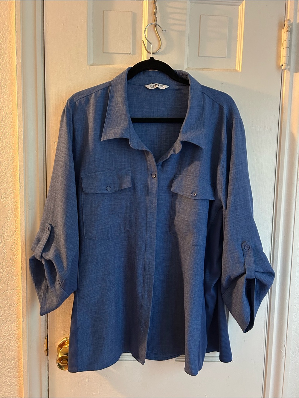 Blue Women’s Button-Front Shirt with Chest Pockets
